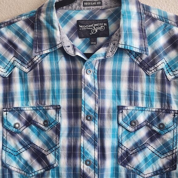 Moonshine Spirit Shirt Mens Medium Blue Plaid Short Sleeve Western Pearl Snap - Picture 2 of 11